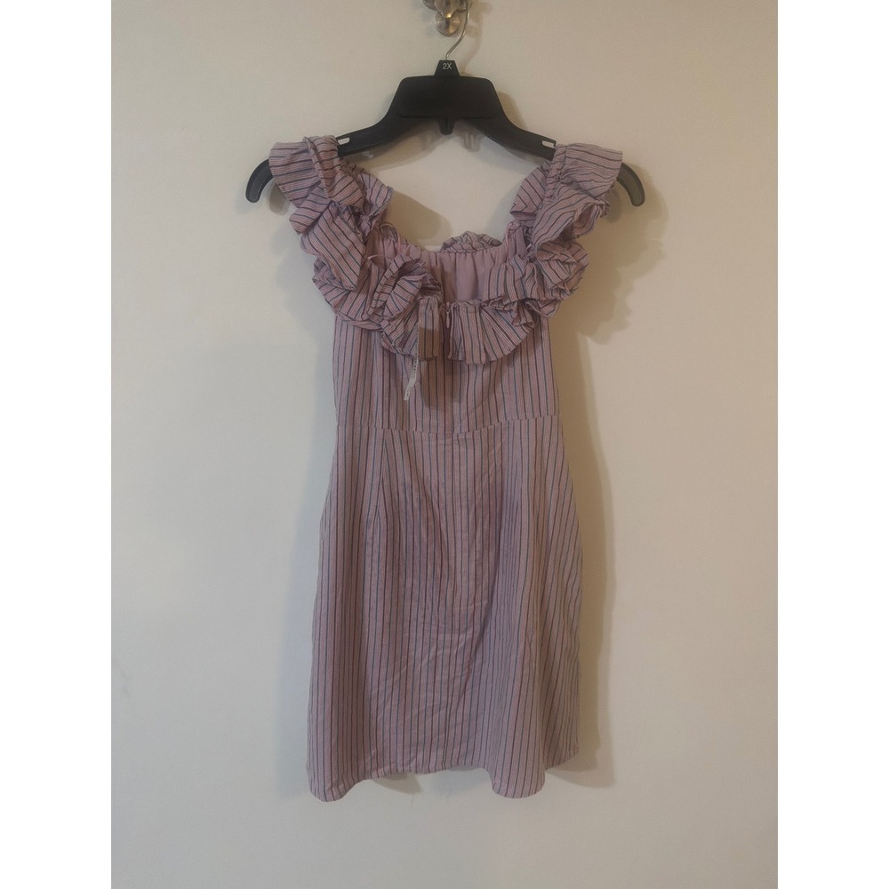 WAYF Pink Blue Striped Ruffle Off Shoulder Mini Dress XS Cotton Blend Fit Flare - Picture 2 of 7